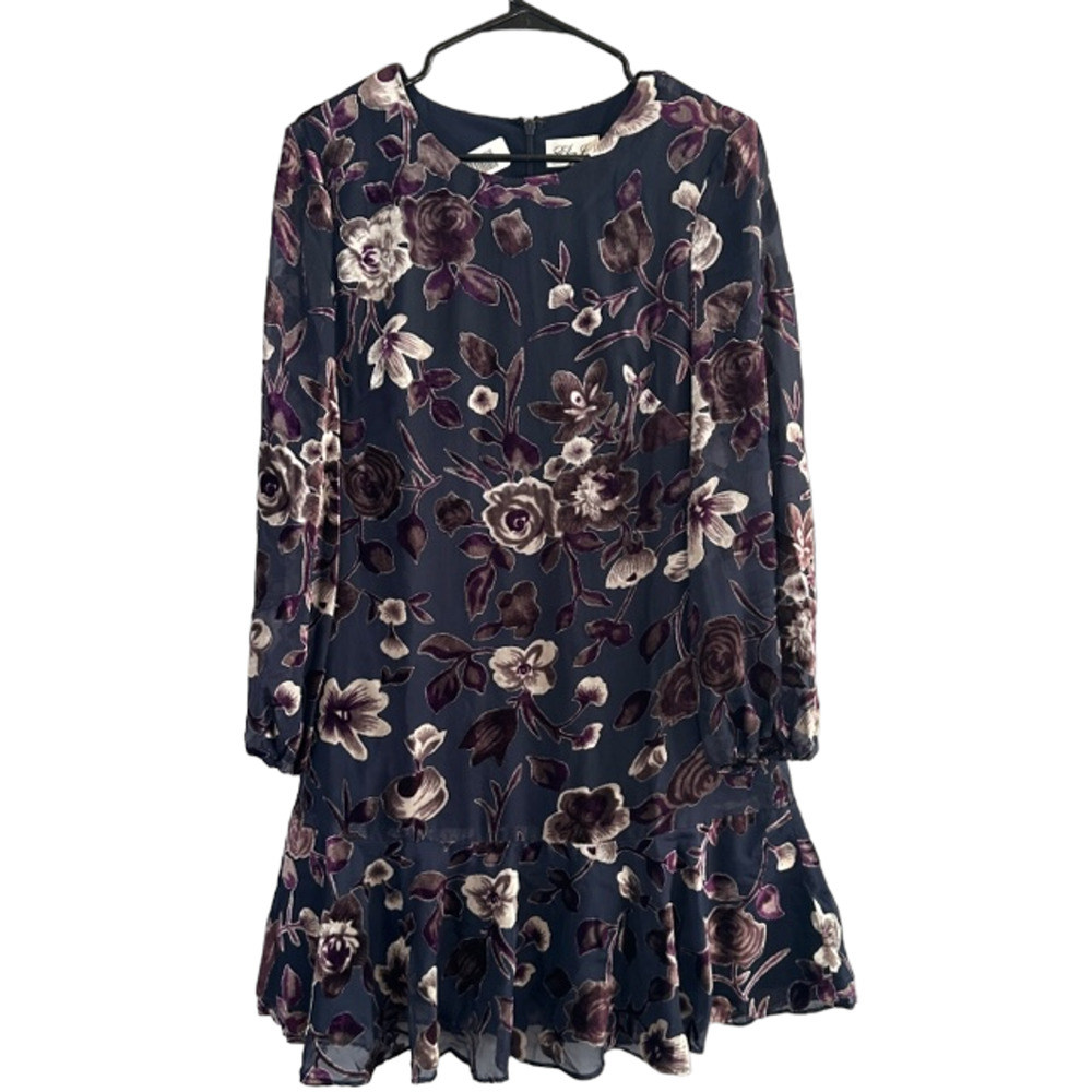 Eliza J Purple Floral Burnout Long Sleeve Lined Flounce Dress Women Sz 6